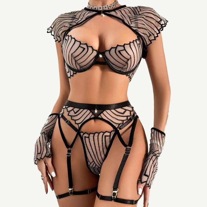 Women's Black Geometric Embroi - огляд і ціна Garter Belt Set