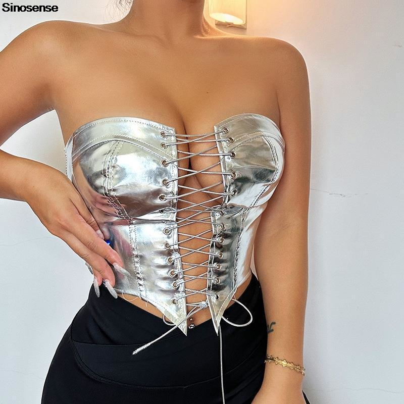 Women PU Leather Bustier Crop  - огляд і ціна Strapless Bra Backless