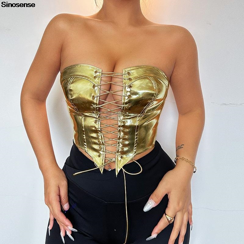 Women PU Leather Bustier Crop  - огляд і ціна Strapless Bra Backless